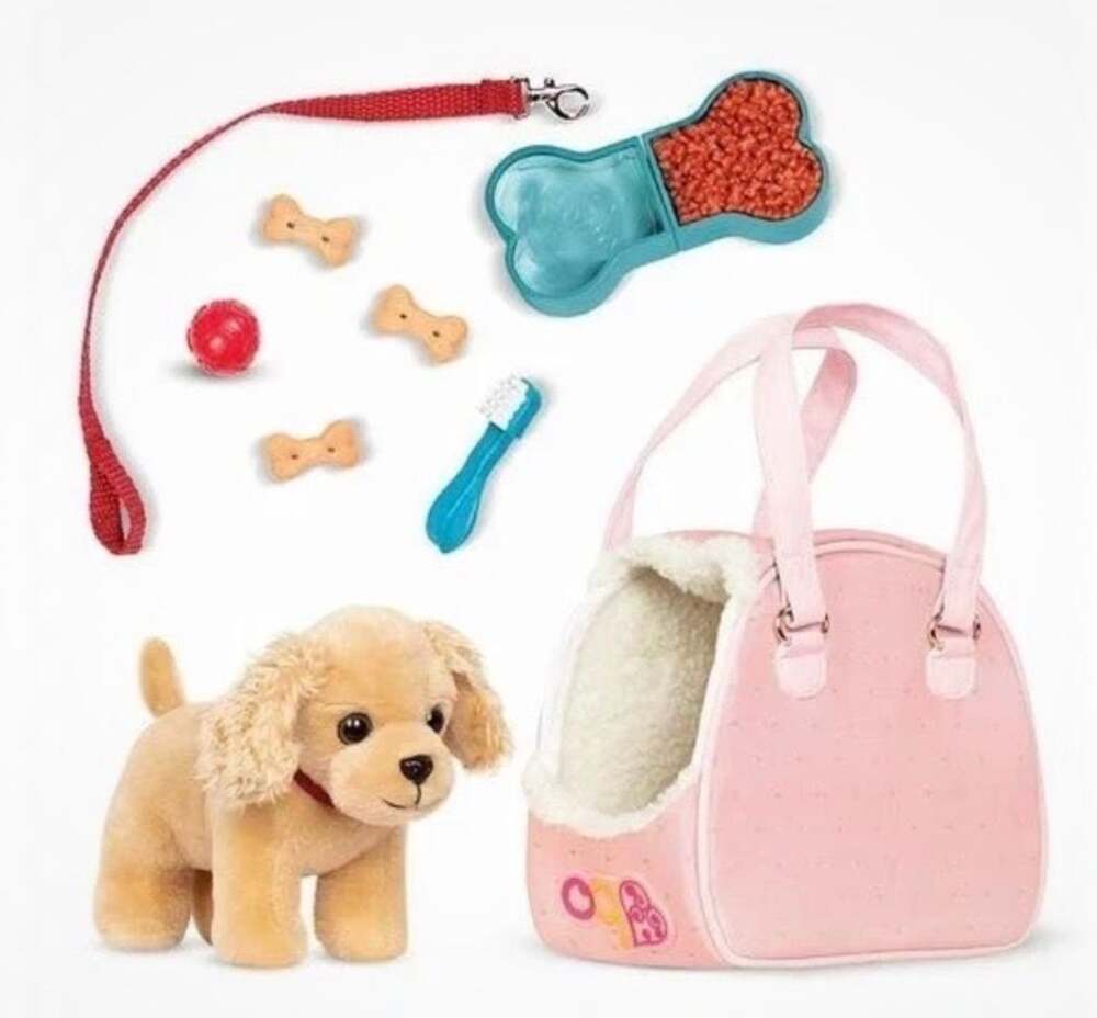 Our Generation Hop In Dog Carrier Set with 6-inch Plush Golden Retriever Puppy‎